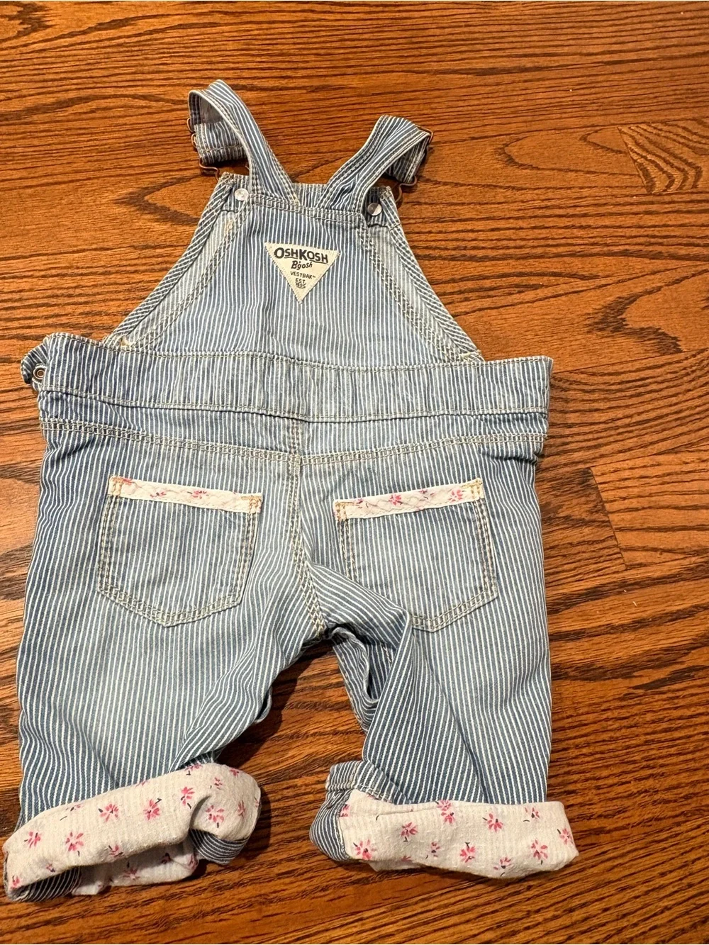 OshKosh B'gosh Light Blue Pinstripe Baby Overalls with Floral Trim